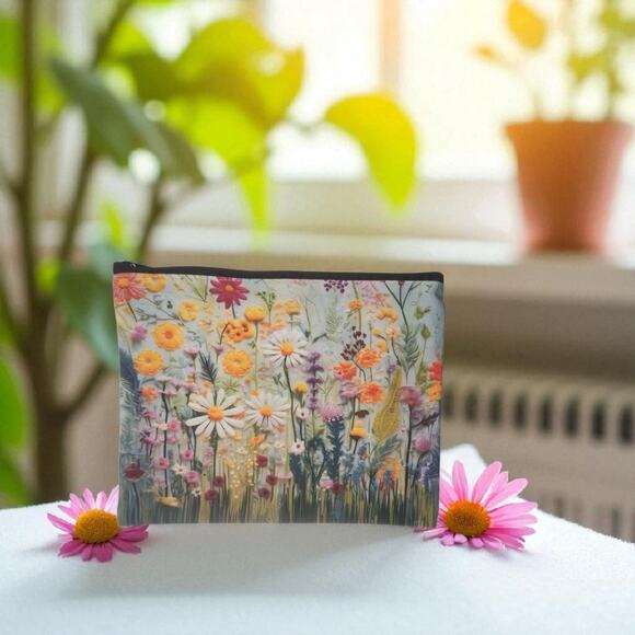 Daisy Floral Cosmetic Bag 7x8 -  Multi-Functional Makeup Pouch - Picture 1 of 9